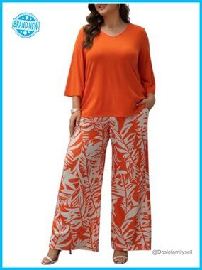 Women's Plus 2 Piece Outfits 3/4 Sleeve Tunic Top Floral Print Belted Wide Leg